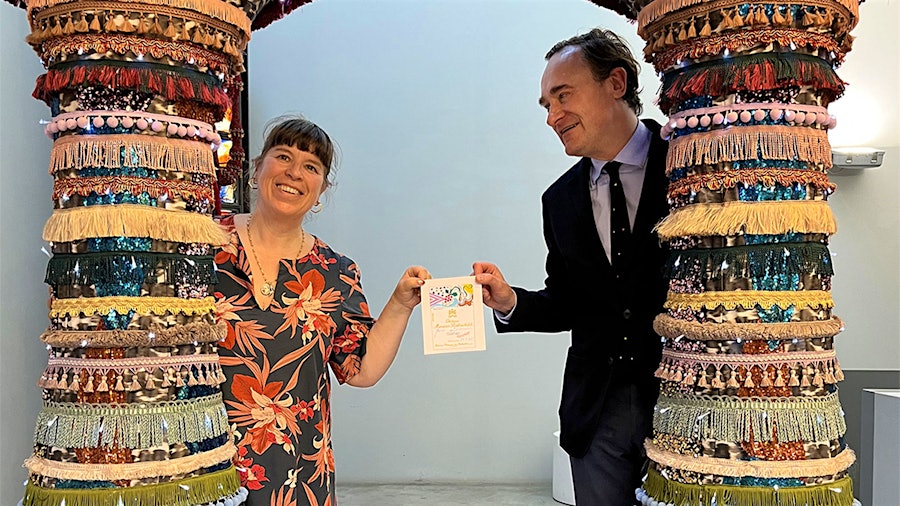 Artist Joana Vasconcelos and Mouton-Rothschild co-owner Julien de Beaumarchais de Rothschild pose with the new label in her studio.