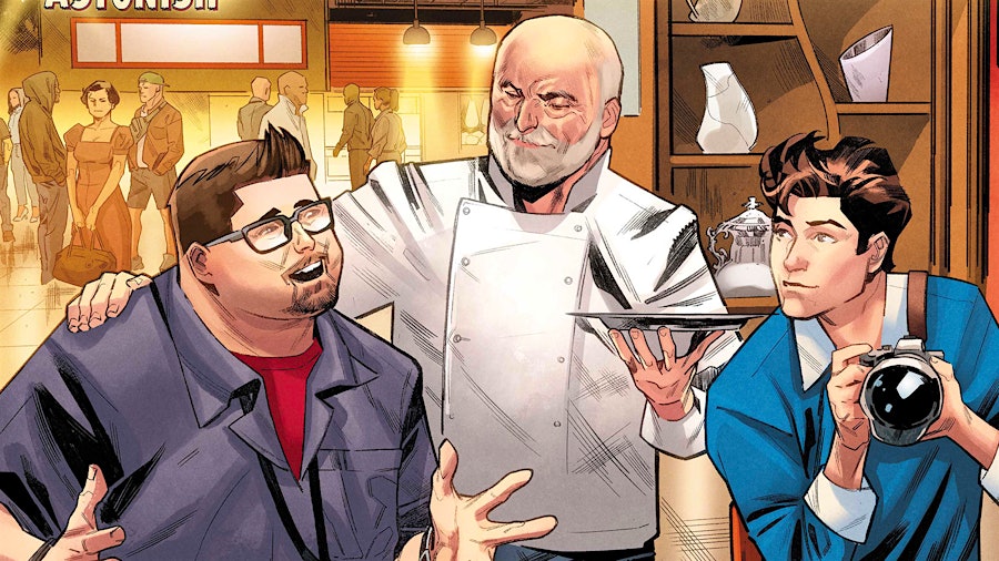 Peter Parker (right) visits José Andrés’ newest restaurant when trouble breaks out.